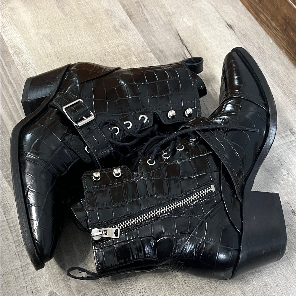 All Saints Black Croc-Embossed Patent Leather Lace-Up Ankle Boots - Picture 3 of 8